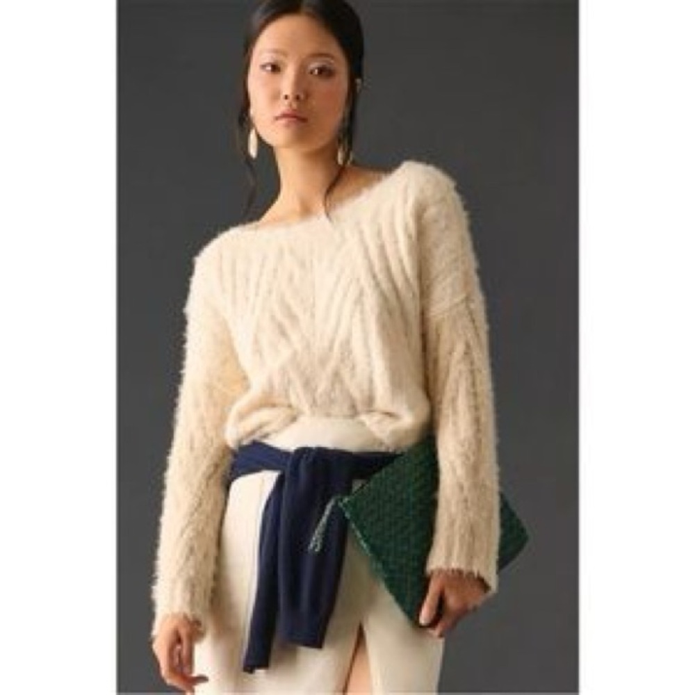 NWOT - Anthropologie Eyelash Cable-Knit Fuzzy Cream Sweater